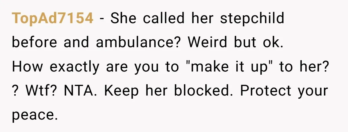 TopAd7154 − She called her stepchild before and ambulance? Weird but ok. How exactly are you to "make it up" to her? ? Wtf? NTA. Keep her blocked. Protect your...