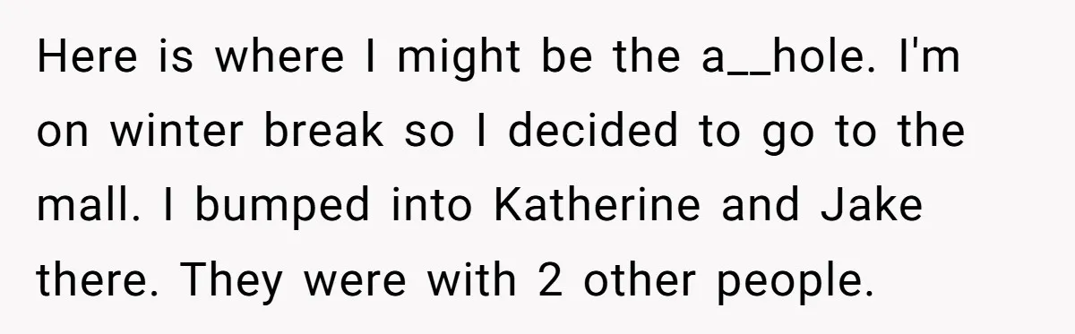 Here is where I might be the a__hole. I'm on winter break so I decided to go to the mall. I bumped into Katherine and Jake there. They were with...