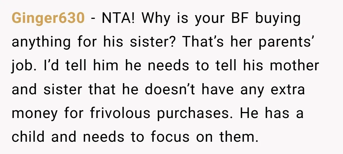 Ginger630 - NTA! Why is your BF buying anything for his sister? That’s her parents’ job. I’d tell him he needs to tell his mother and sister that he doesn’t...