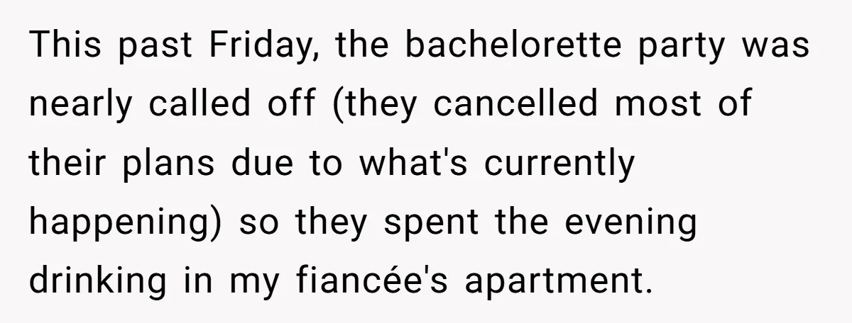 This past Friday, the bachelorette party was nearly called off (they cancelled most of their plans due to what's currently happening) so they spent the evening drinking in my fiancée's...