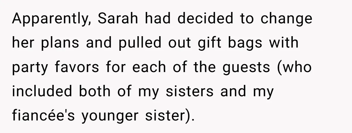 Apparently, Sarah had decided to change her plans and pulled out gift bags with party favors for each of the guests (who included both of my sisters and my fiancée's...