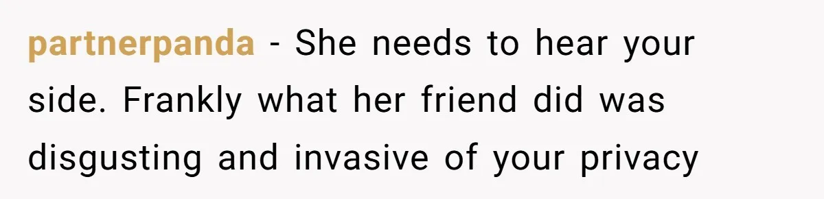 partnerpanda − She needs to hear your side. Frankly what her friend did was disgusting and invasive of your privacy