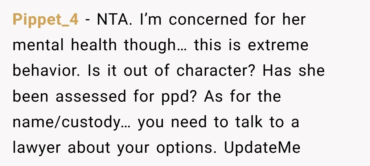 Pippet_4 - NTA. I’m concerned for her mental health though… this is extreme behavior. Is it out of character? Has she been assessed for ppd? As for the name/custody… you...