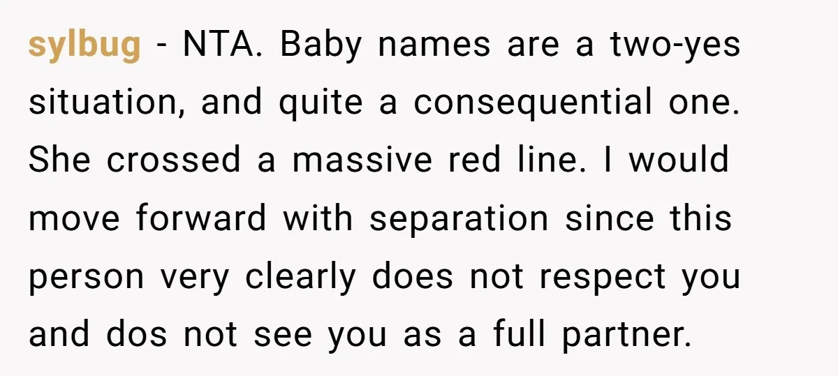 sylbug - NTA. Baby names are a two-yes situation, and quite a consequential one. She crossed a massive red line. I would move forward with separation since this person very...