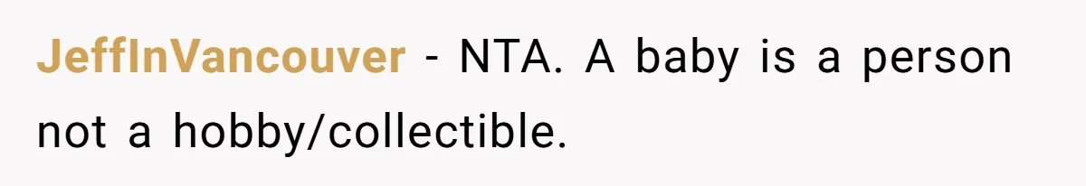JeffInVancouver - NTA. A baby is a person not a hobby/collectible.