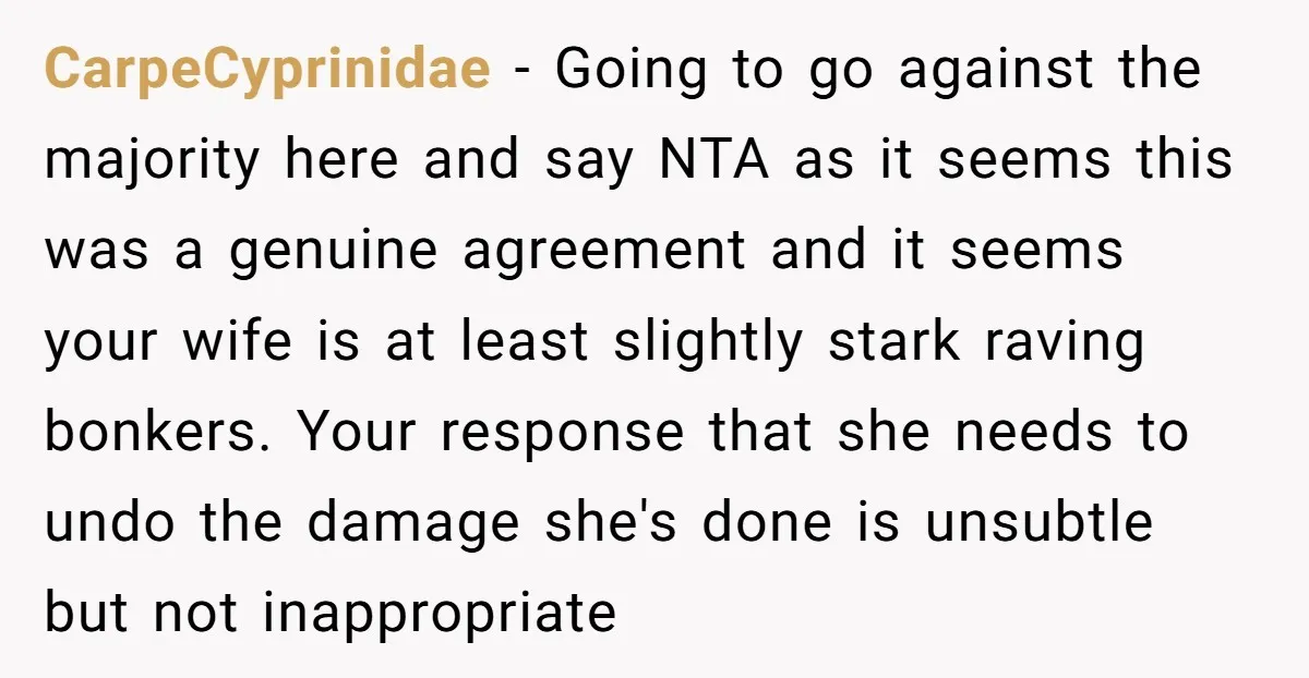 CarpeCyprinidae - Going to go against the majority here and say NTA as it seems this was a genuine agreement and it seems your wife is at least slightly stark...