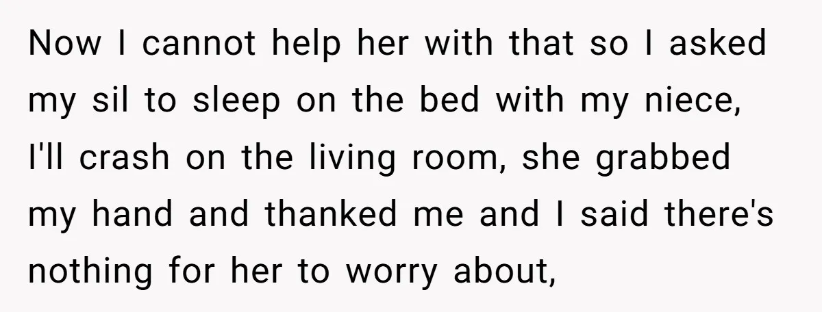 Now I cannot help her with that so I asked my sil to sleep on the bed with my niece, I'll crash on the living room, she grabbed my hand...