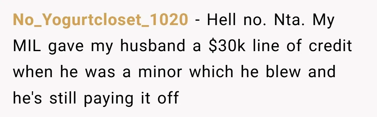 No_Yogurtcloset_1020 − Hell no. Nta. My MIL gave my husband a $30k line of credit when he was a minor which he blew and he's still paying it off