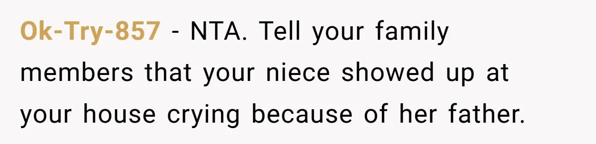 Ok-Try-857 − NTA. Tell your family members that your niece showed up at your house crying because of her father.