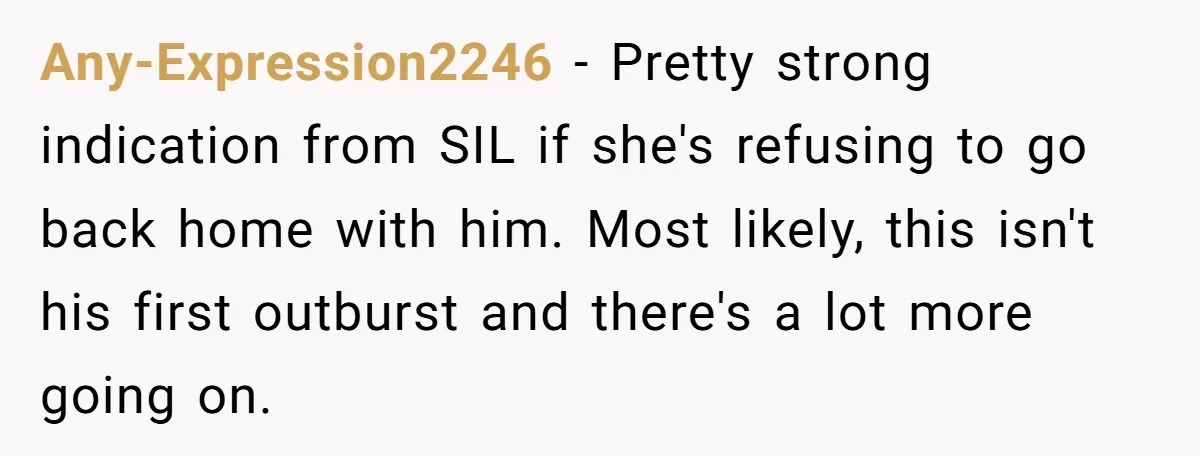 Any-Expression2246 − Pretty strong indication from SIL if she's refusing to go back home with him. Most likely, this isn't his first outburst and there's a lot more going on.
