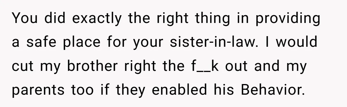 You did exactly the right thing in providing a safe place for your sister-in-law. I would cut my brother right the f__k out and my parents too if they enabled...