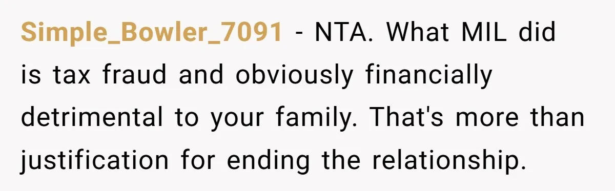Simple_Bowler_7091 − NTA. What MIL did is tax fraud and obviously financially detrimental to your family. That's more than justification for ending the relationship.