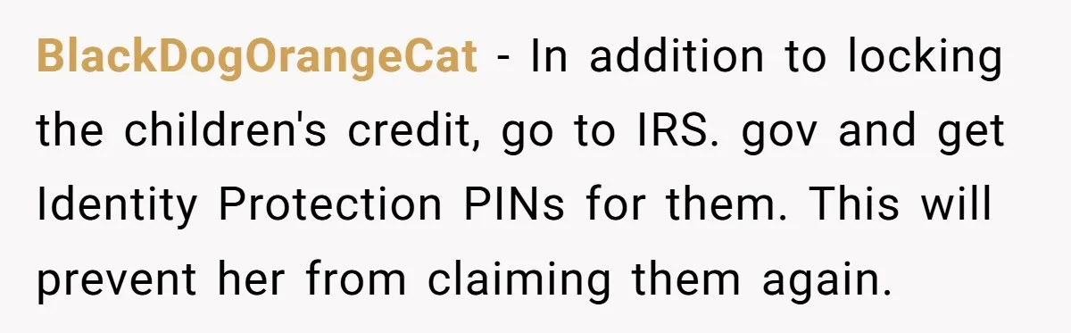 BlackDogOrangeCat − In addition to locking the children's credit, go to IRS. gov and get Identity Protection PINs for them. This will prevent her from claiming them again.