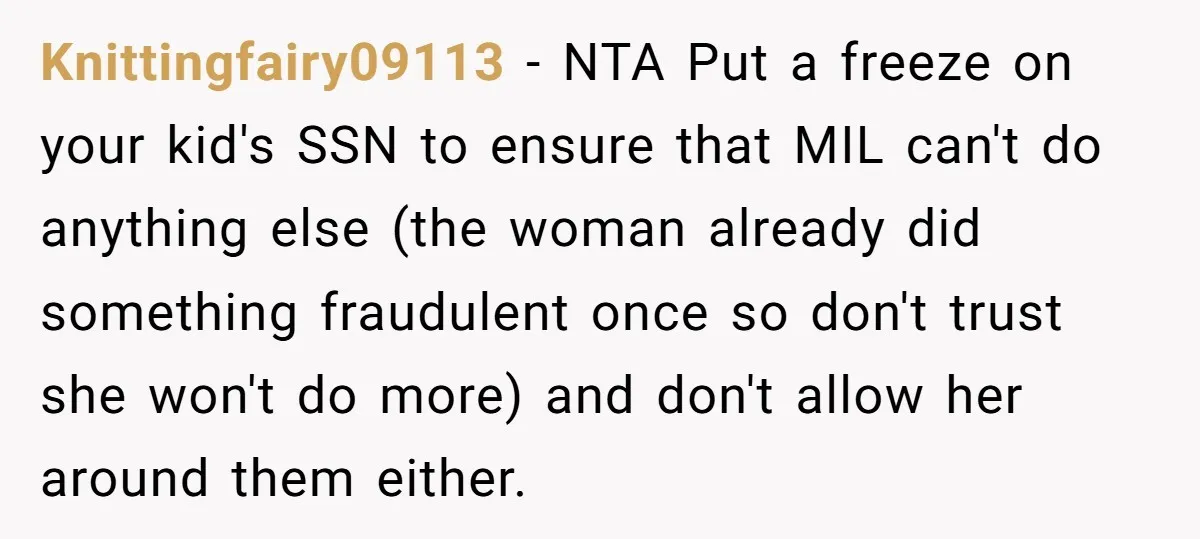 Knittingfairy09113 − NTA Put a freeze on your kid's SSN to ensure that MIL can't do anything else (the woman already did something fraudulent once so don't trust she won't...