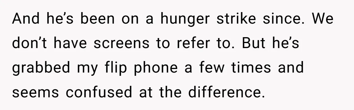 And he’s been on a hunger strike since. We don’t have screens to refer to. But he’s grabbed my flip phone a few times and seems confused at the difference.