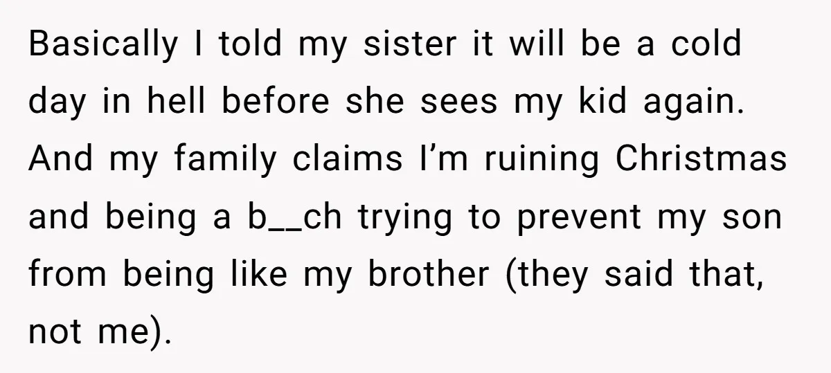 Basically I told my sister it will be a cold day in hell before she sees my kid again. And my family claims I’m ruining Christmas and being a b__ch...