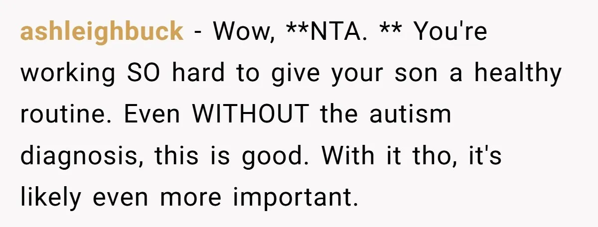 ashleighbuck − Wow, **NTA. ** You're working SO hard to give your son a healthy routine. Even WITHOUT the autism diagnosis, this is good. With it tho, it's likely even...