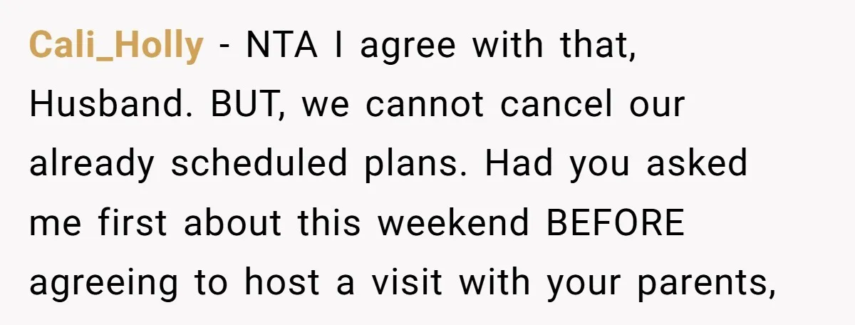 Cali_Holly − NTA I agree with that, Husband. BUT, we cannot cancel our already scheduled plans. Had you asked me first about this weekend BEFORE agreeing to host a visit...