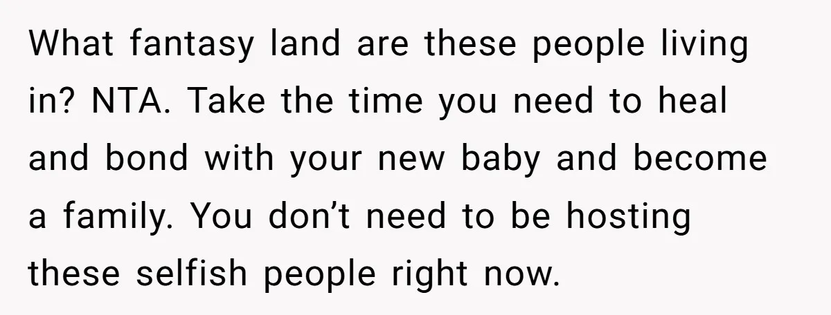 What fantasy land are these people living in? NTA. Take the time you need to heal and bond with your new baby and become a family. You don’t need to...