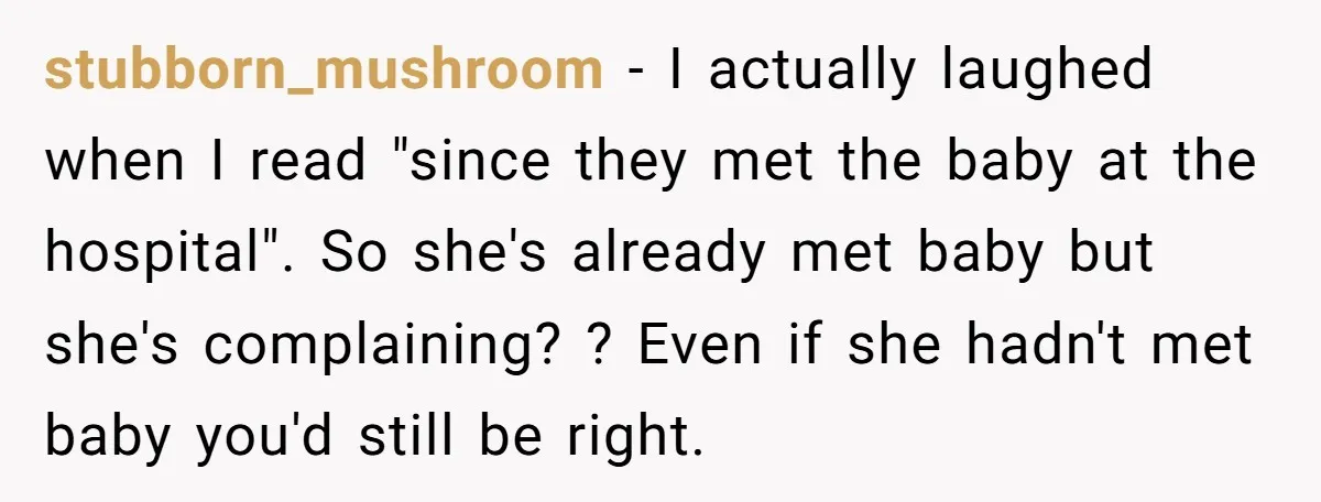 stubborn_mushroom - I actually laughed when I read "since they met the baby at the hospital". So she's already met baby but she's complaining? ? Even if she hadn't met...