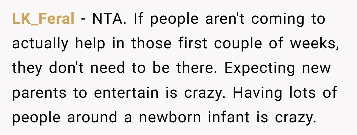 LK_Feral - NTA. If people aren't coming to actually help in those first couple of weeks, they don't need to be there. Expecting new parents to entertain is crazy. Having...