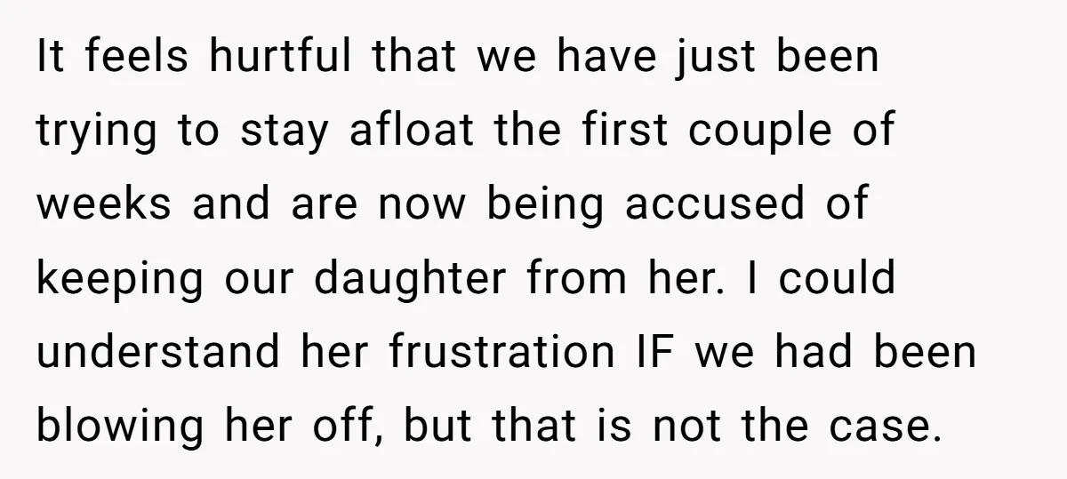 It feels hurtful that we have just been trying to stay afloat the first couple of weeks and are now being accused of keeping our daughter from her. I could...