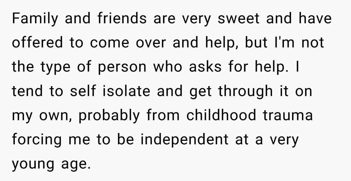 Family and friends are very sweet and have offered to come over and help, but I'm not the type of person who asks for help. I tend to self isolate...