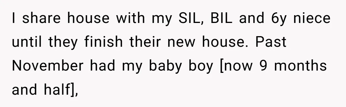 I share house with my SIL, BIL and 6y niece until they finish their new house. Past November had my baby boy [now 9 months and half],