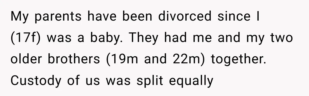 My parents have been divorced since I (17f) was a baby. They had me and my two older brothers (19m and 22m) together. Custody of us was split equally