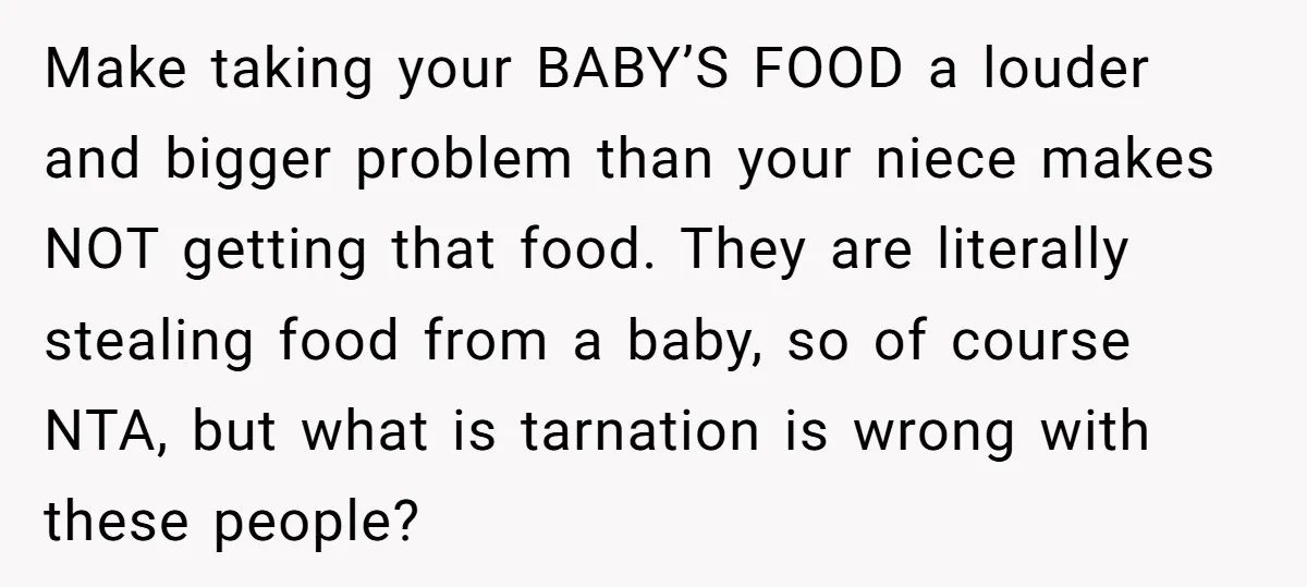 Make taking your BABY’S FOOD a louder and bigger problem than your niece makes NOT getting that food. They are literally stealing food from a baby, so of course NTA,...