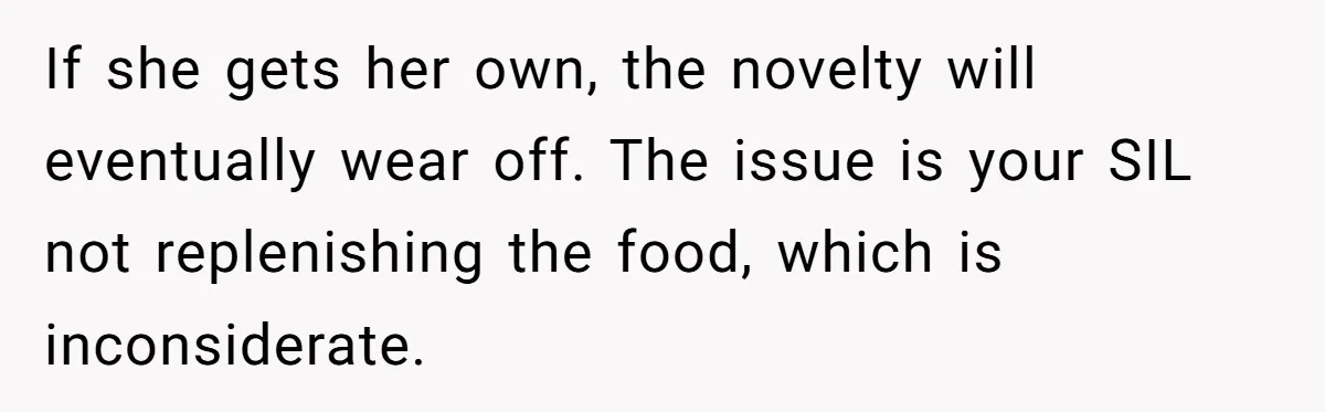 If she gets her own, the novelty will eventually wear off. The issue is your SIL not replenishing the food, which is inconsiderate.