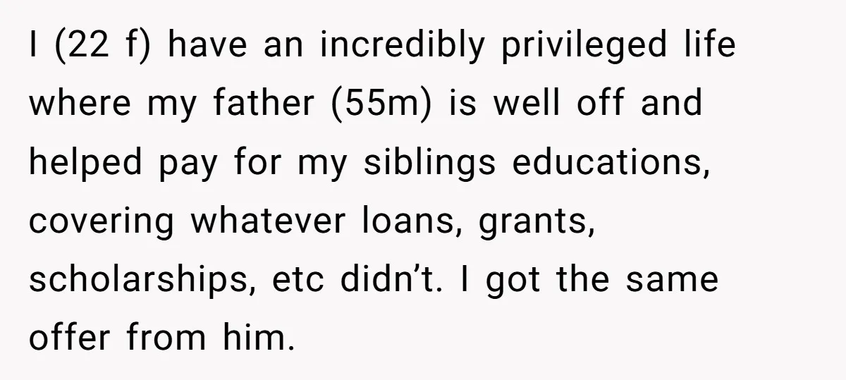 I (22 f) have an incredibly privileged life where my father (55m) is well off and helped pay for my siblings educations, covering whatever loans, grants, scholarships, etc didn’t. I...