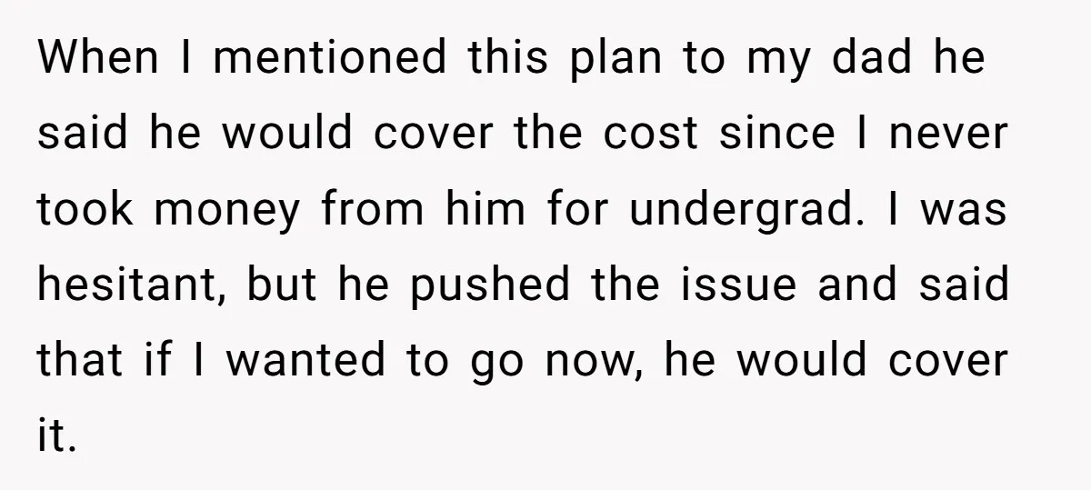 When I mentioned this plan to my dad he said he would cover the cost since I never took money from him for undergrad. I was hesitant, but he pushed...