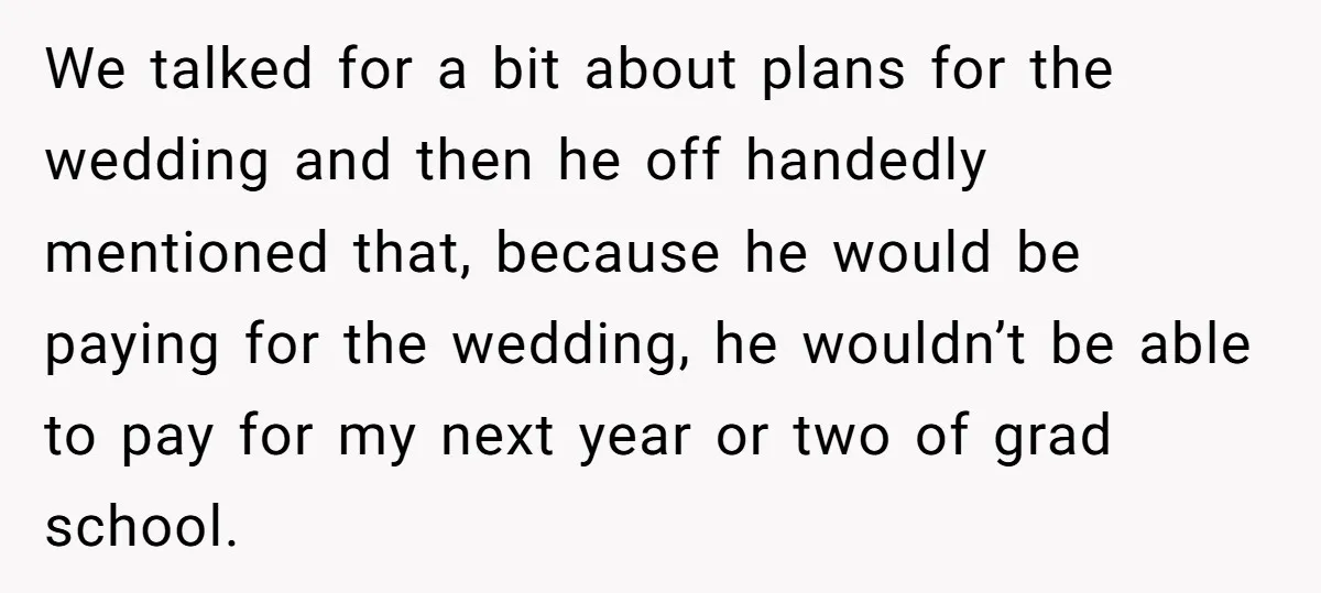 We talked for a bit about plans for the wedding and then he off handedly mentioned that, because he would be paying for the wedding, he wouldn’t be able to...