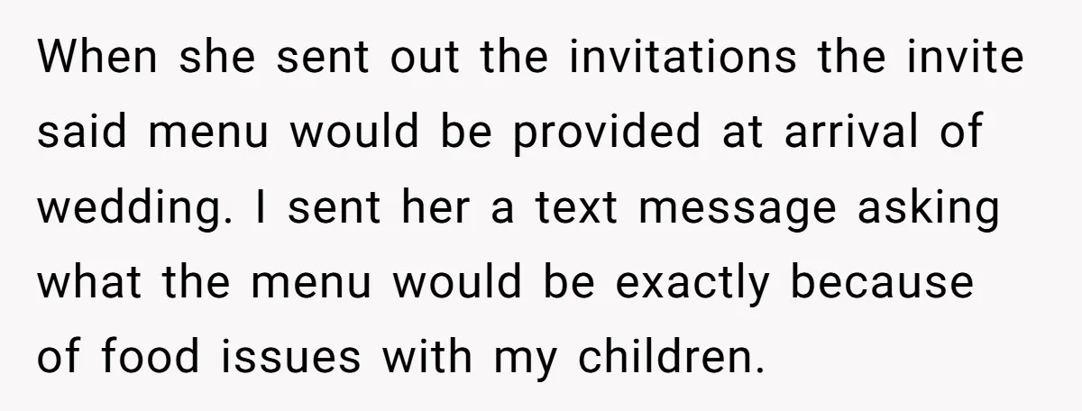 When she sent out the invitations the invite said menu would be provided at arrival of wedding. I sent her a text message asking what the menu would be exactly...