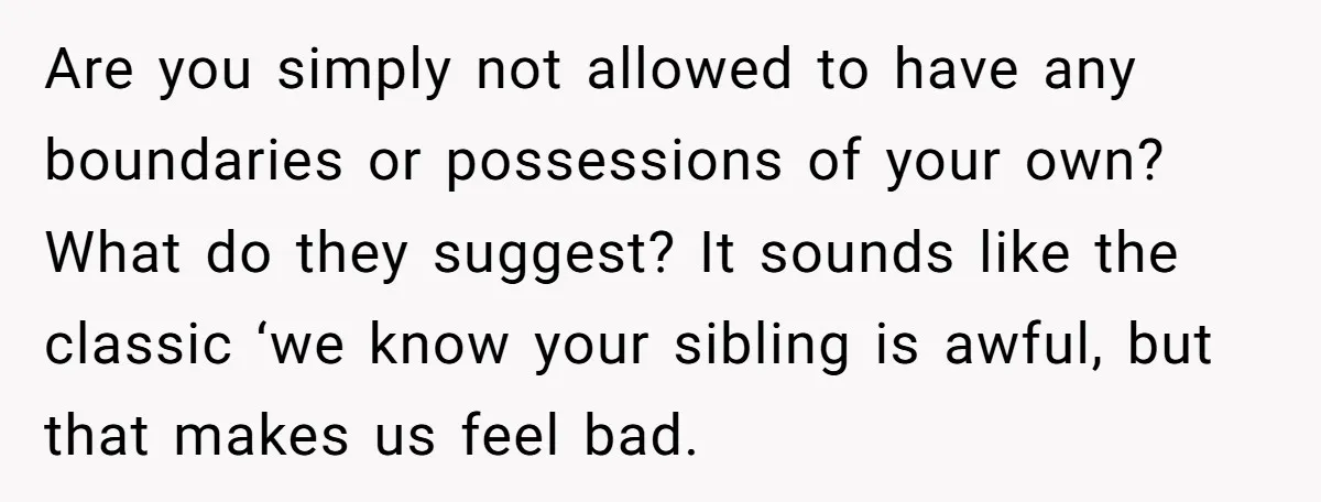 Are you simply not allowed to have any boundaries or possessions of your own? What do they suggest? It sounds like the classic ‘we know your sibling is awful, but...