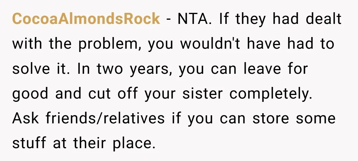 CocoaAlmondsRock − NTA. If they had dealt with the problem, you wouldn't have had to solve it. In two years, you can leave for good and cut off your sister...