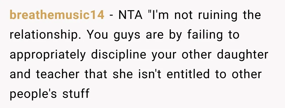 breathemusic14 − NTA "I'm not ruining the relationship. You guys are by failing to appropriately discipline your other daughter and teacher that she isn't entitled to other people's stuff