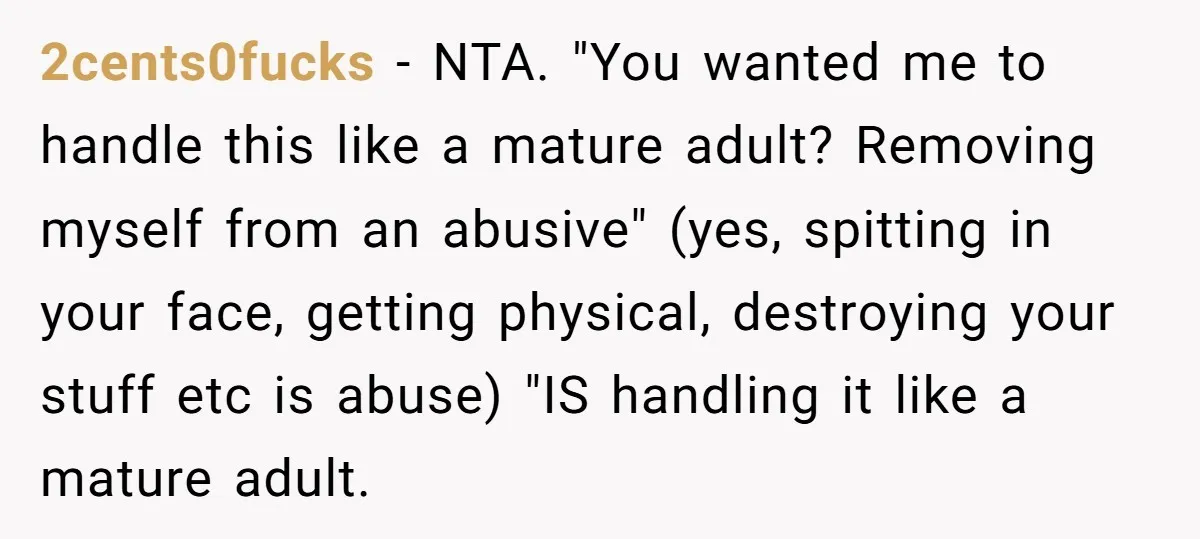 2cents0fucks − NTA. "You wanted me to handle this like a mature adult? Removing myself from an abusive" (yes, spitting in your face, getting physical, destroying your stuff etc is...