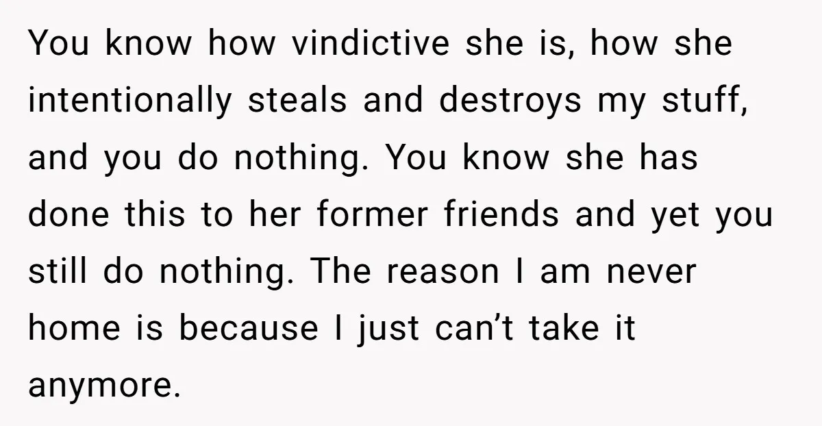You know how vindictive she is, how she intentionally steals and destroys my stuff, and you do nothing. You know she has done this to her former friends and yet...