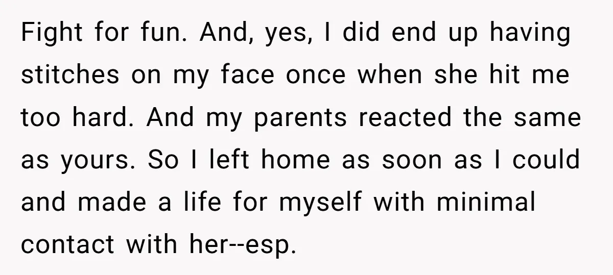 Fight for fun. And, yes, I did end up having stitches on my face once when she hit me too hard. And my parents reacted the same as yours. So...