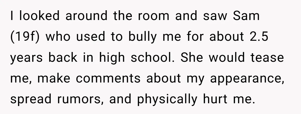I looked around the room and saw Sam (19f) who used to bully me for about 2.5 years back in high school. She would tease me, make comments about my...