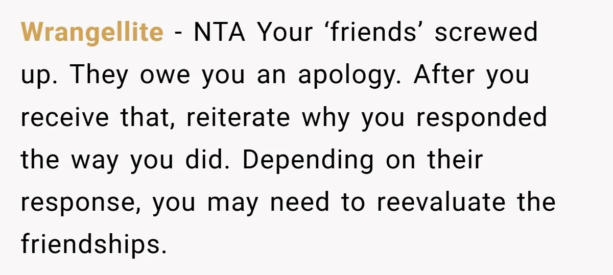 Wrangellite − NTA Your ‘friends’ screwed up. They owe you an apology. After you receive that, reiterate why you responded the way you did. Depending on their response, you may...