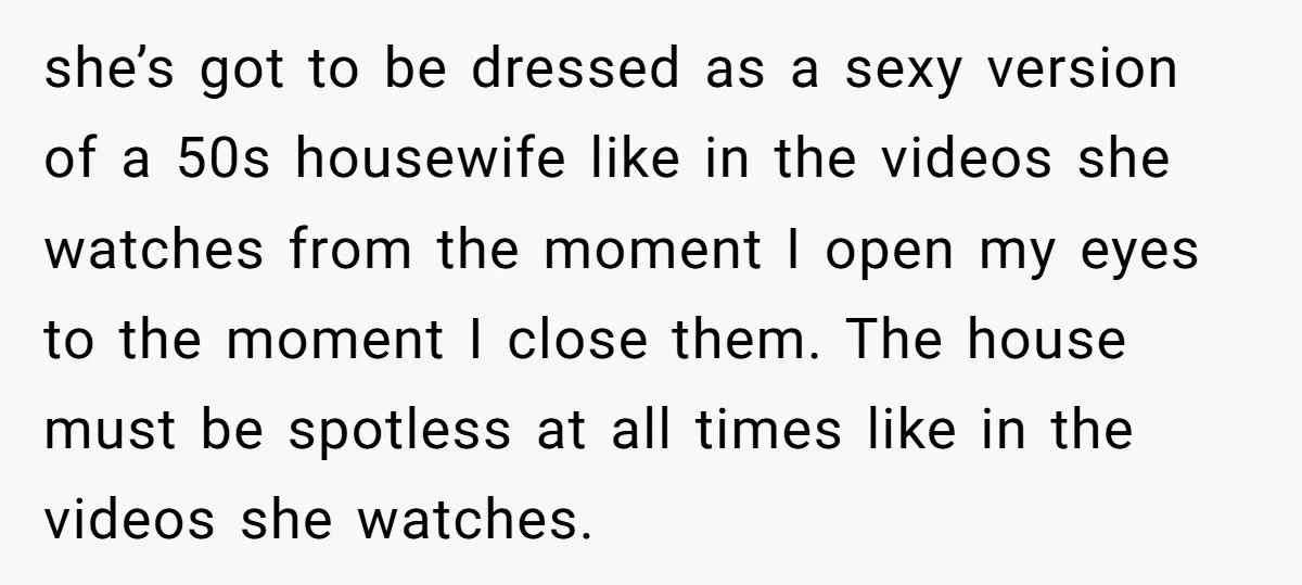 she’s got to be dressed as a sexy version of a 50s housewife like in the videos she watches from the moment I open my eyes to the moment I...