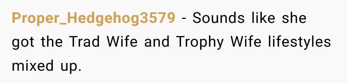 Proper_Hedgehog3579 − Sounds like she got the Trad Wife and Trophy Wife lifestyles mixed up.