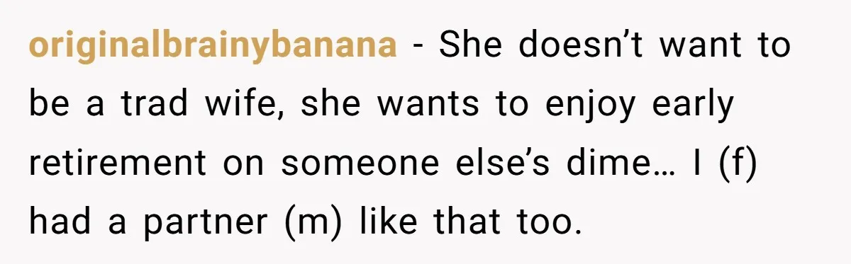 originalbrainybanana − She doesn’t want to be a trad wife, she wants to enjoy early retirement on someone else’s dime… I (f) had a partner (m) like that too.