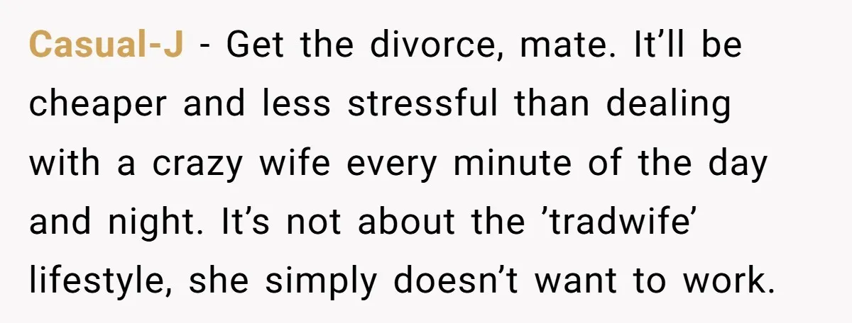Casual-J − Get the divorce, mate. It’ll be cheaper and less stressful than dealing with a crazy wife every minute of the day and night. It’s not about the ’tradwife’...