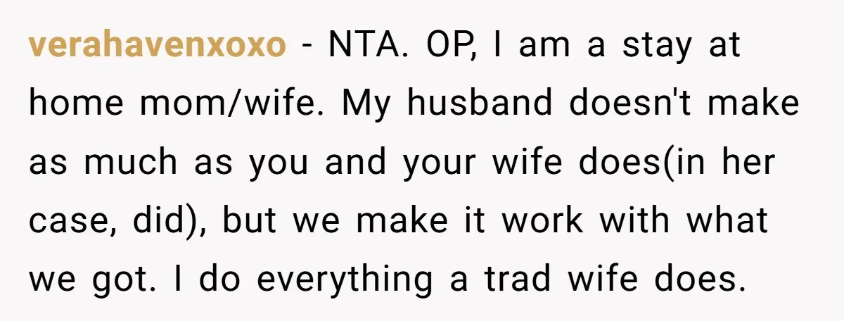 verahavenxoxo − NTA. OP, I am a stay at home mom/wife. My husband doesn't make as much as you and your wife does(in her case, did), but we make it...