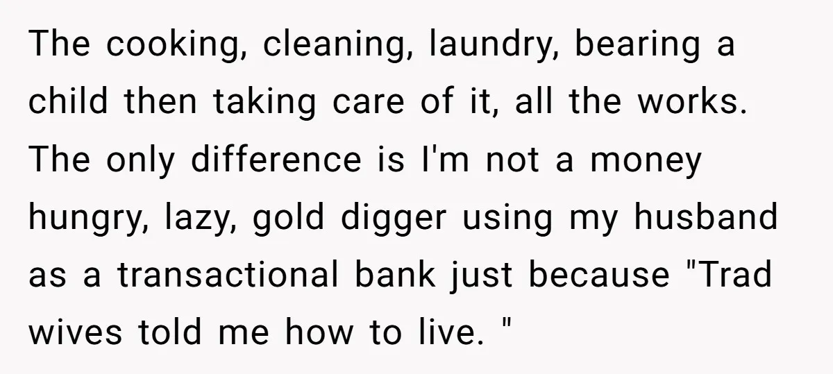The cooking, cleaning, laundry, bearing a child then taking care of it, all the works. The only difference is I'm not a money hungry, lazy, gold digger using my husband...