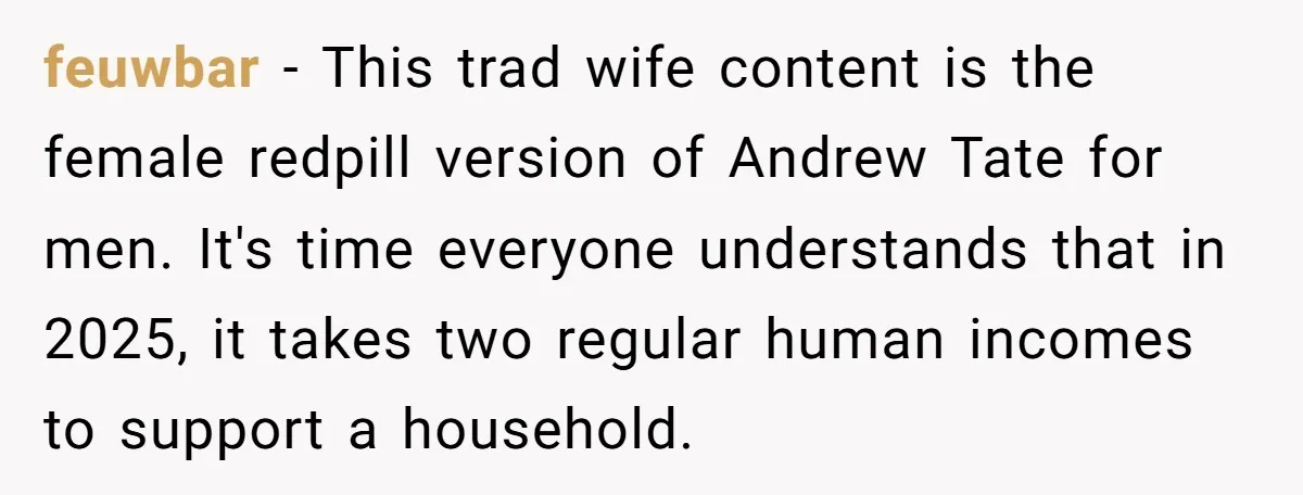 feuwbar − This trad wife content is the female redpill version of Andrew Tate for men. It's time everyone understands that in 2025, it takes two regular human incomes to...